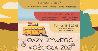 Plakat z opisanymi terminami oaz wakacyjnych 2021 w diecezji siedleckiej