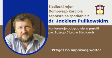 Plakat zachęcający do spotkania z dr. Jackiem Pulikowskim w Siedlcach