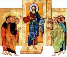Obraz Jezusa z uczniami ilustrujący ogłoszenie o mszy św. w Domu Moria
