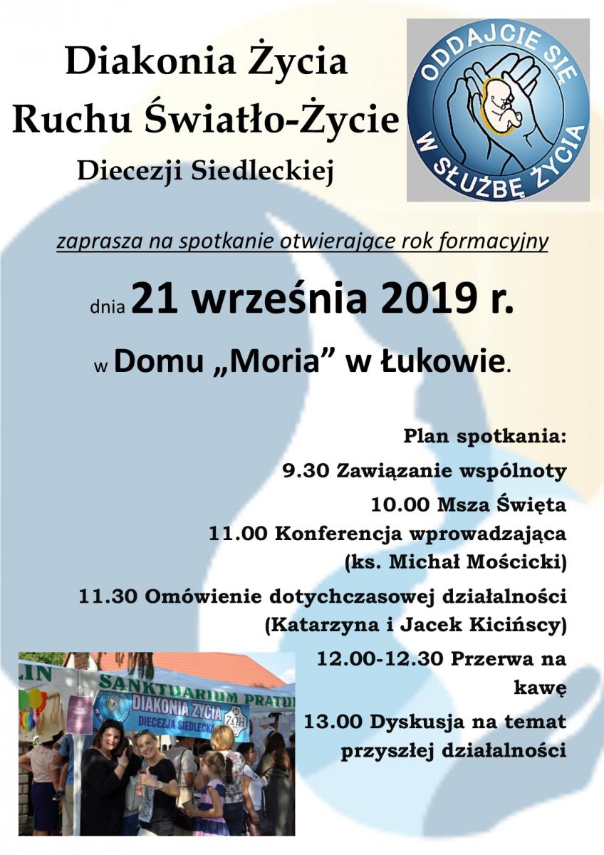 Plakat spotkania otwierającego rok formacyjny Diakonii Życia dnia 21.09.2019 