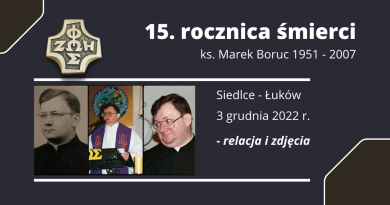 Obrazek z informacjami o 15. rocznicy śmierci ks. Marka Boruca i zdjęcia.